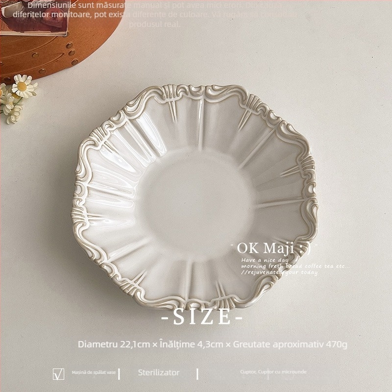 Farfurie de supă din porțelan, adâncă, cu margine dantelată și model în dungi, glazură la cuptor, veselă modernă minimalistă