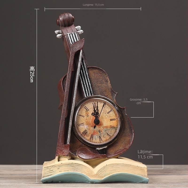 Ceas decorativ de birou în formă de vioară – material: rășină sintetică, proces: rășină, marcă: Pudding Home, categorie: vioară, decor cu pendul