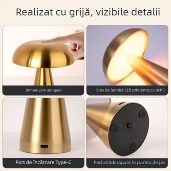 Lampă de masă metalică în formă de ciupercă – încărcare USB, comutare prin atingere, lumină ambientală de noapte, design creativ, Mugrids, certificat CE