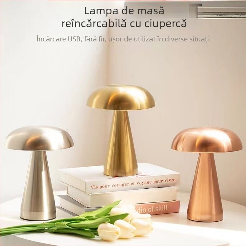 Lampă de masă metalică în formă de ciupercă – încărcare USB, comutare prin atingere, lumină ambientală de noapte, design creativ, Mugrids, certificat CE