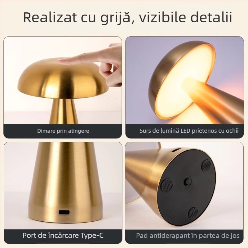 Lampă de masă metalică în formă de ciupercă – încărcare USB, comutare prin atingere, lumină ambientală de noapte, design creativ, Mugrids, certificat CE