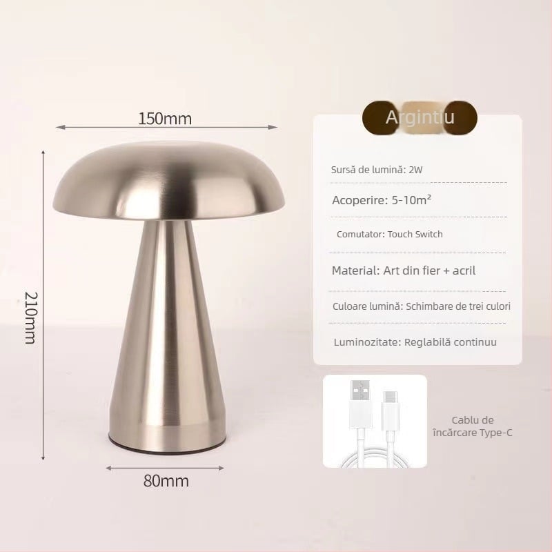 Lampă de masă metalică în formă de ciupercă – încărcare USB, comutare prin atingere, lumină ambientală de noapte, design creativ, Mugrids, certificat CE