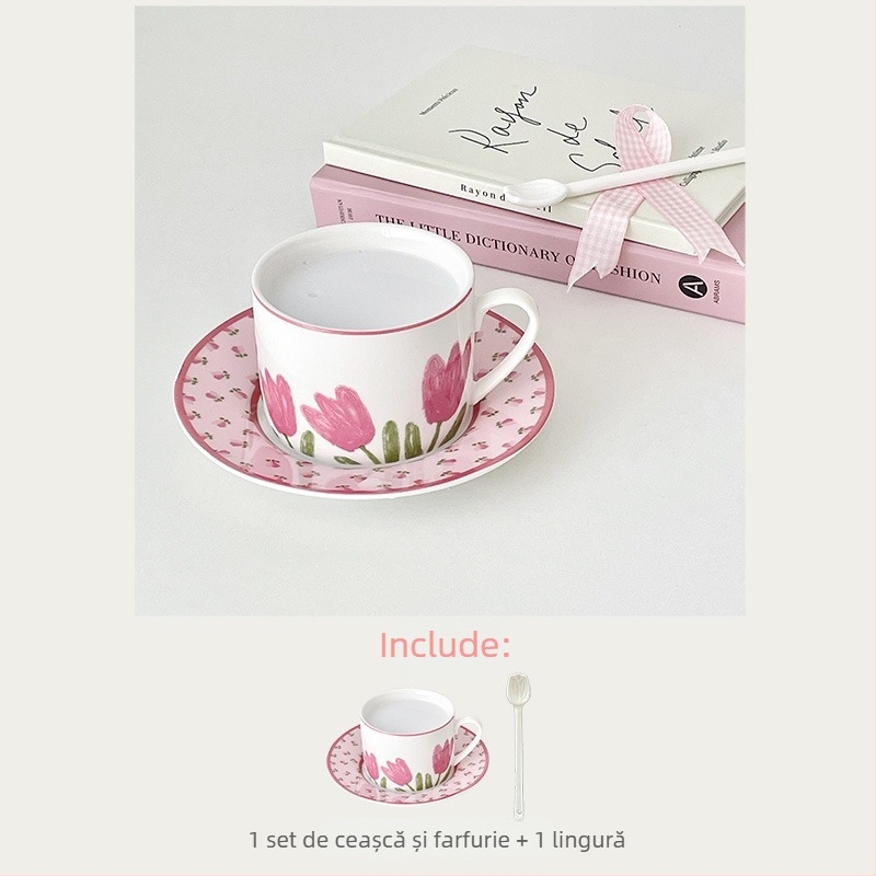 Set ceramic de cești pentru cafea cu farfurie, model floral, logo imprimat, potrivit pentru birou și cafenea