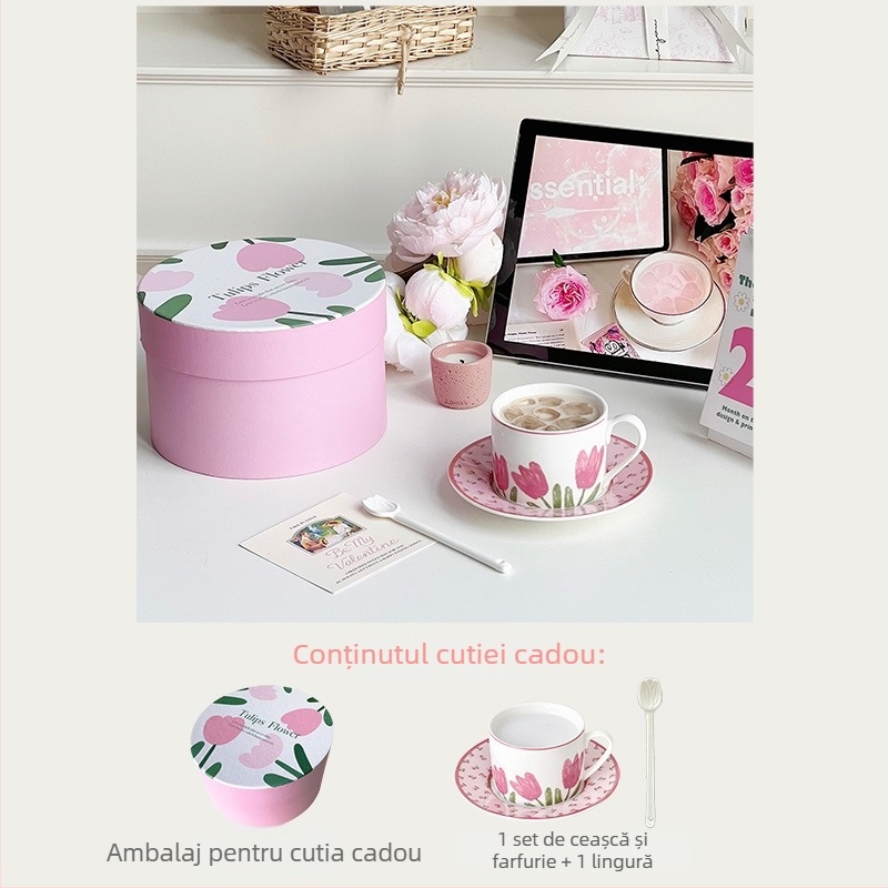 Set ceramic de cești pentru cafea cu farfurie, model floral, logo imprimat, potrivit pentru birou și cafenea