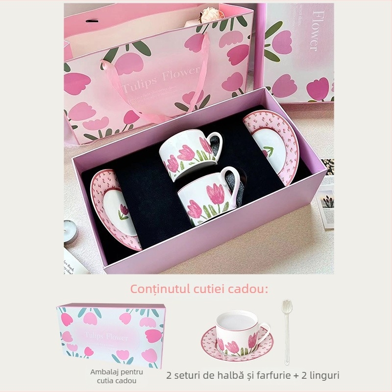 Set ceramic de cești pentru cafea cu farfurie, model floral, logo imprimat, potrivit pentru birou și cafenea