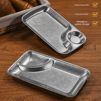 Platou pentru gustări din oțel inoxidabil, cu compartiment pentru sos, în formă de scoică, stil retro, formă neregulată