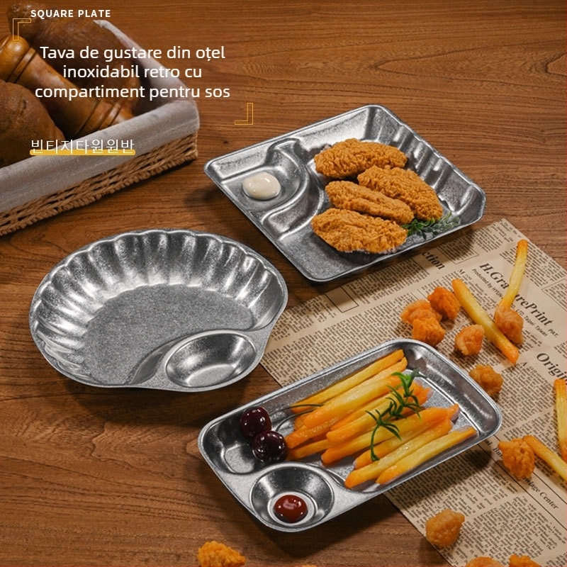 Platou pentru gustări din oțel inoxidabil, cu compartiment pentru sos, în formă de scoică, stil retro, formă neregulată