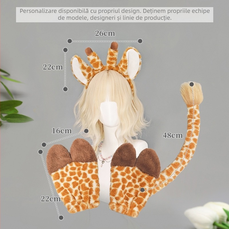 Accesorii vestimentare — set din pluș, lucrat manual, Halloween, cu bentiță pentru cap cu urechi de cerb, urechi de girafă, copite și coadă pentru copii