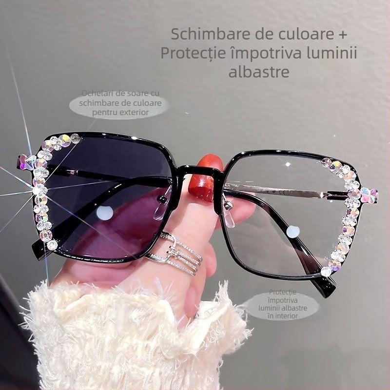 Ramă de ochelari cu culoare ce se schimbă, protecție împotriva luminii albastre pentru presbiopie, ramă mare pătrată, lentile plano, stil coreean de lux, anti-radiație