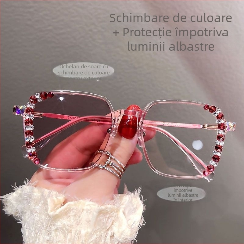 Ramă de ochelari cu culoare ce se schimbă, protecție împotriva luminii albastre pentru presbiopie, ramă mare pătrată, lentile plano, stil coreean de lux, anti-radiație
