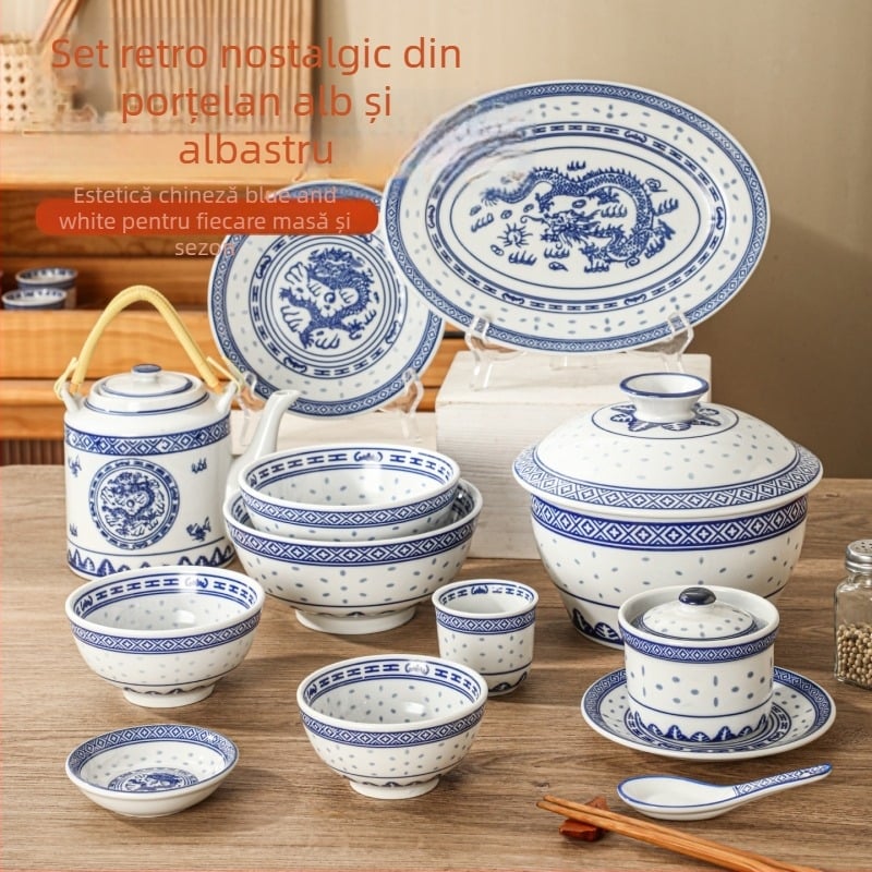 Bol din porțelan cu model floral, culoare subglazură, compatibil cu microunde, stil Chinez nou