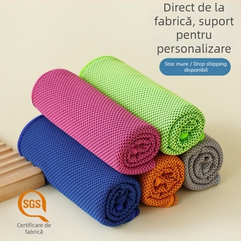 Prosop sport – poliester; răcire, uscare rapidă, absorbție a transpirației; absorbție de apă 0–5 s; greutate 48 g; personalizabil cu logo