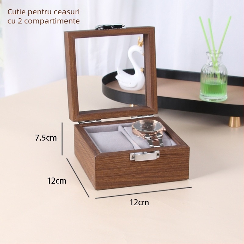 Cutie de afișare pentru ceasuri - lemn MDF+PU+aliat zincic+sticlă, asamblată, ambalaj terminal, pentru uz general/bijuterii/uz zilnic