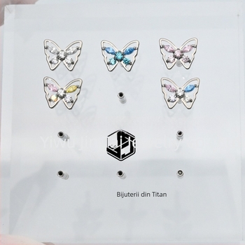 Cercei cu știft din aliaj de titan ASTM F136, în formă de fluture, tăiere marquise, cu diamante și zirconiu colorat 5A