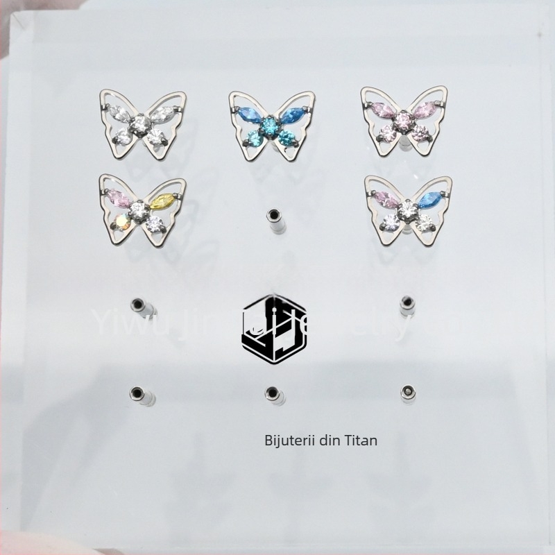 Cercei cu știft din aliaj de titan ASTM F136, în formă de fluture, tăiere marquise, cu diamante și zirconiu colorat 5A
