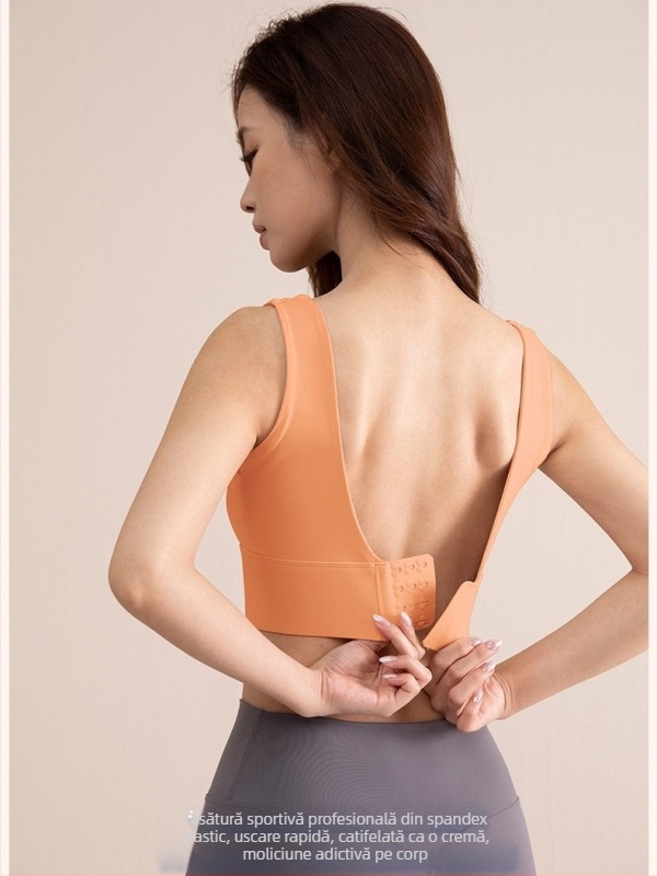 Sutien sport pentru femei, cu cupă completă, cupă medie modelată, bretele fixe duble, închidere pe spate cu patru rânduri; material nylon cu căptușeală de spandex