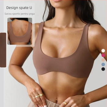 Bustier sport pentru yoga din nylon-spandex, uscare rapidă, cupe 3/4, cupă medie, bretele fix-duble, finisaj lucios, potrivit pentru alergare, fitness și ciclism