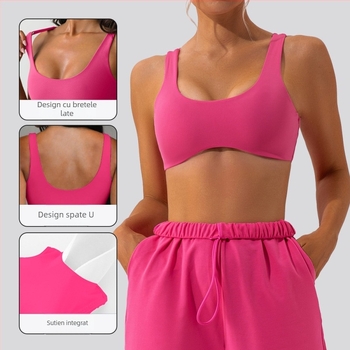 Bustier sport pentru yoga din nylon-spandex, uscare rapidă, cupe 3/4, cupă medie, bretele fix-duble, finisaj lucios, potrivit pentru alergare, fitness și ciclism