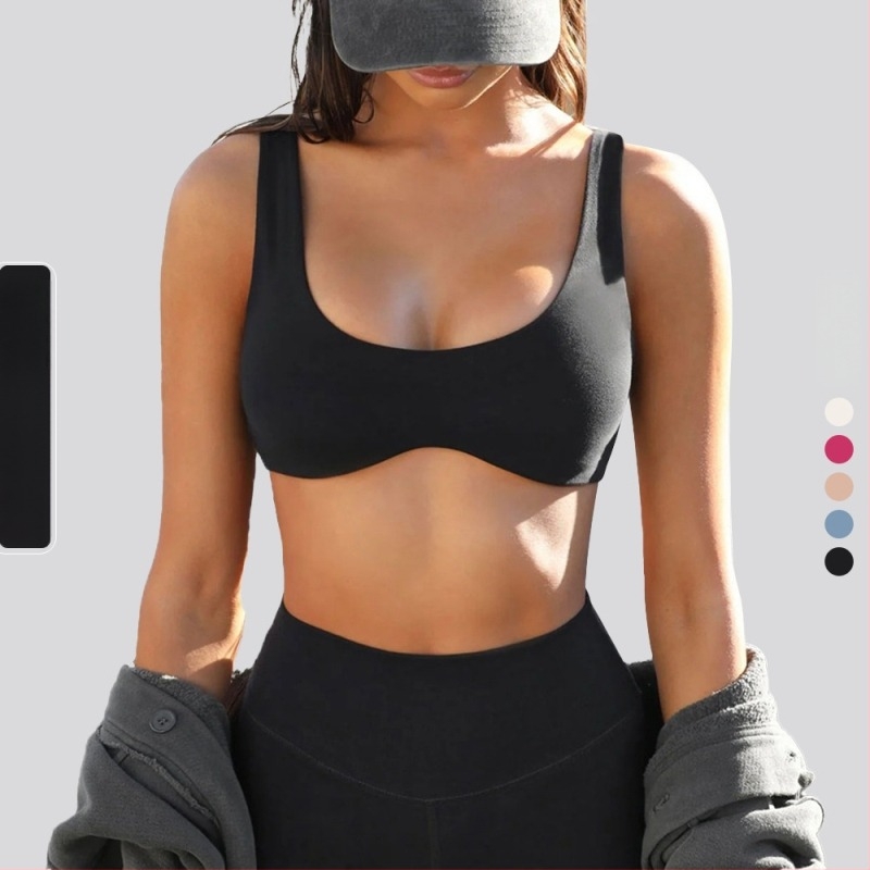 Bustier sport pentru yoga din nylon-spandex, uscare rapidă, cupe 3/4, cupă medie, bretele fix-duble, finisaj lucios, potrivit pentru alergare, fitness și ciclism