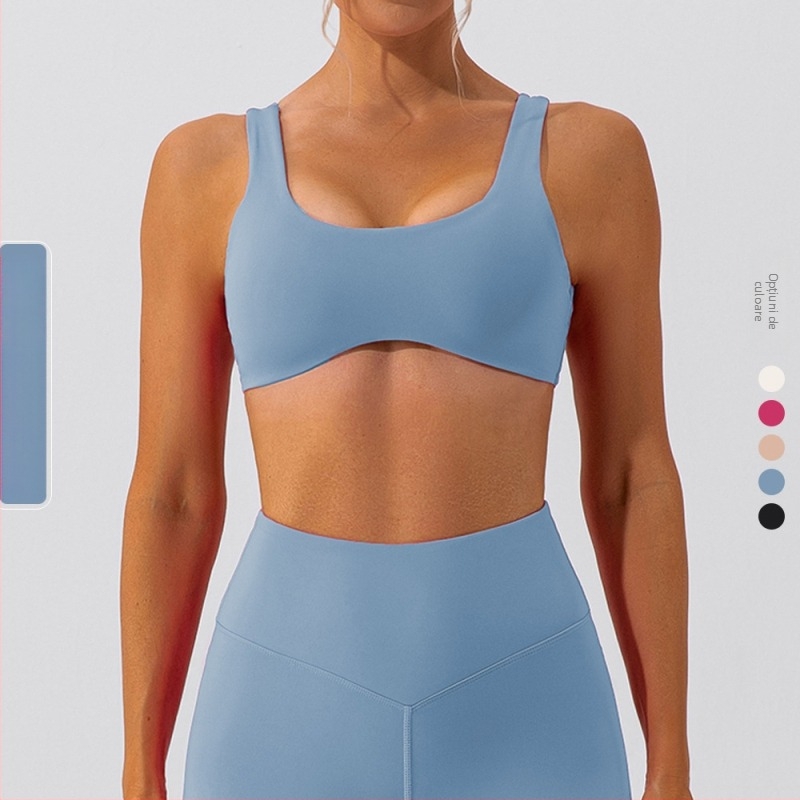 Bustier sport pentru yoga din nylon-spandex, uscare rapidă, cupe 3/4, cupă medie, bretele fix-duble, finisaj lucios, potrivit pentru alergare, fitness și ciclism