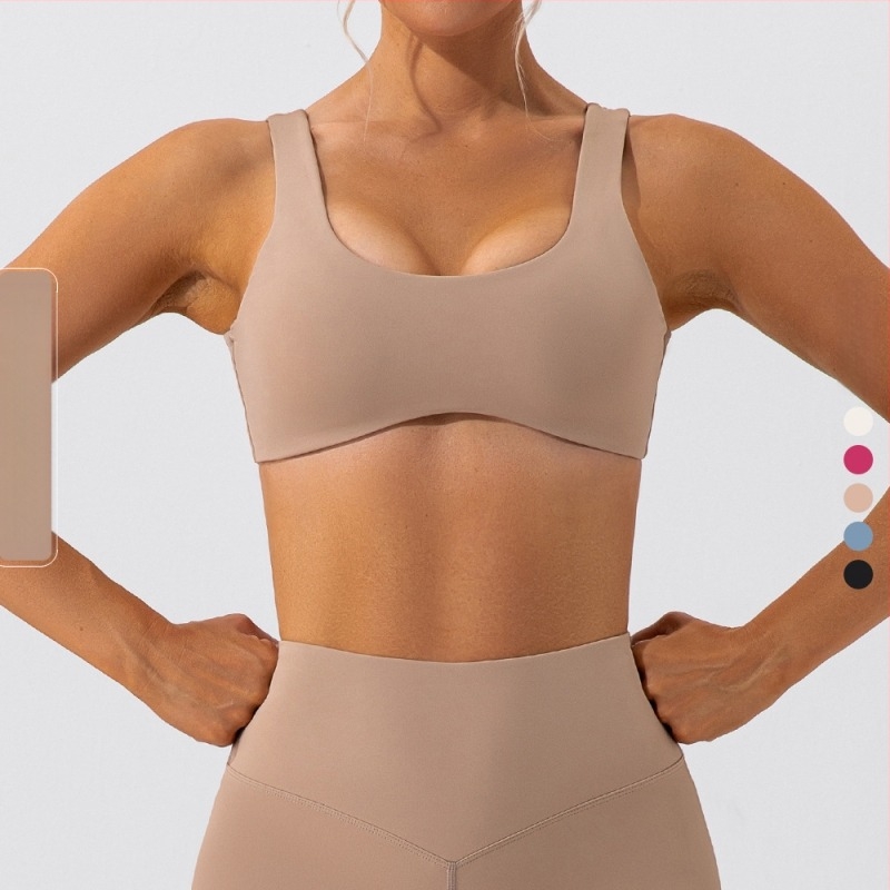Bustier sport pentru yoga din nylon-spandex, uscare rapidă, cupe 3/4, cupă medie, bretele fix-duble, finisaj lucios, potrivit pentru alergare, fitness și ciclism