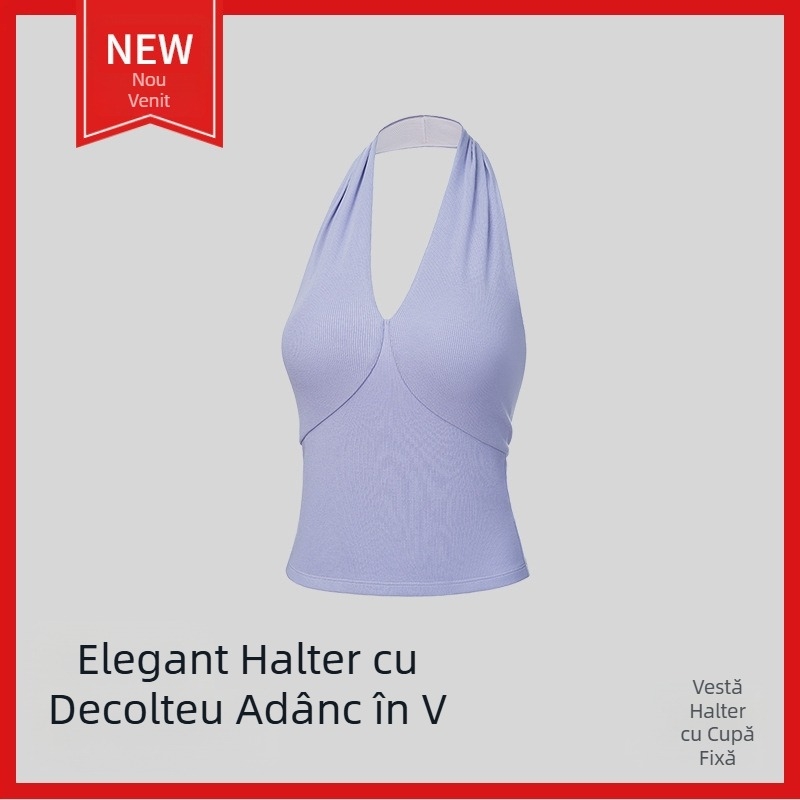 2026 Vestă de sport pentru exterior cu padding pentru bust, decolteu adânc în V, spate gol, stil halter, respirabilă