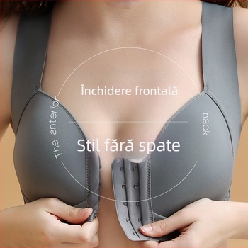 Sutien cu închidere frontală, suport lateral și adunare a sânilor; cupe subțiri, turnate; material din nailon cu căptușeală 30–50% spandex