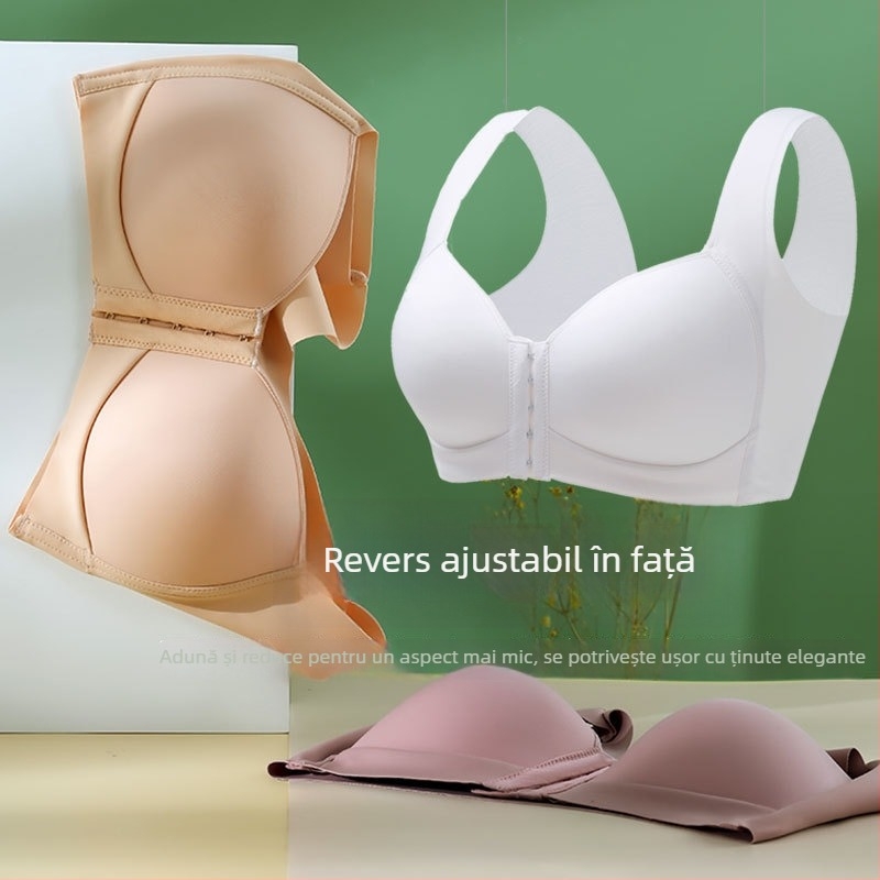 Sutien cu închidere frontală, suport lateral și adunare a sânilor; cupe subțiri, turnate; material din nailon cu căptușeală 30–50% spandex