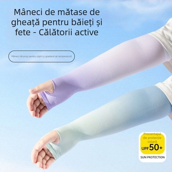 Mâneci cu protecție UV pentru copii, material nailon, conținut de nailon 80–90%, greutate 28–34 g/m², design cu găuri pentru degete