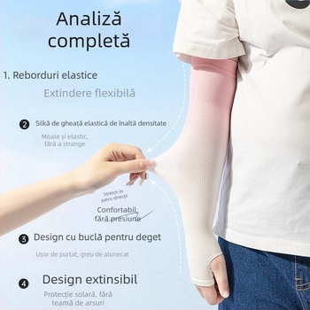 Mâneci cu protecție UV pentru copii, material nailon, conținut de nailon 80–90%, greutate 28–34 g/m², design cu găuri pentru degete