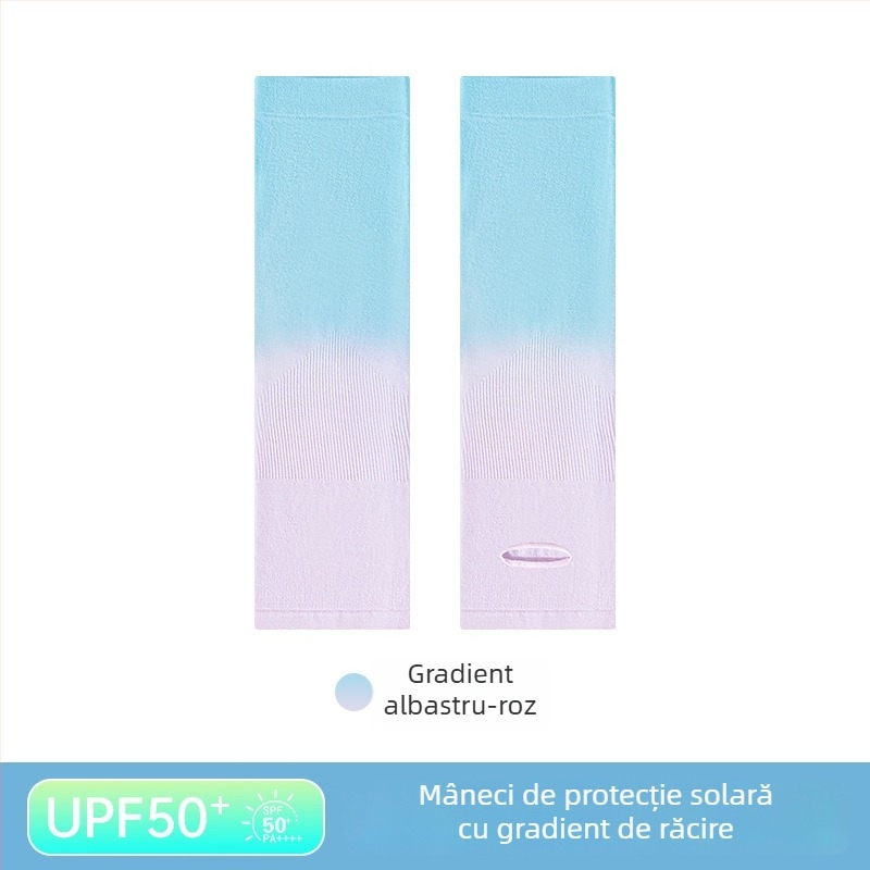 Mâneci cu protecție UV pentru copii, material nailon, conținut de nailon 80–90%, greutate 28–34 g/m², design cu găuri pentru degete