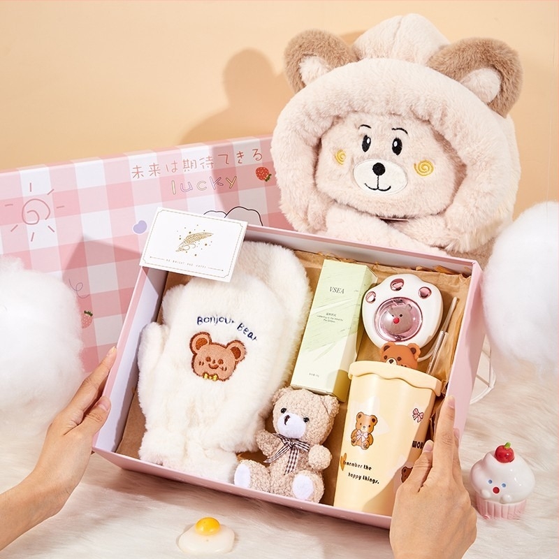 Set cadou cu șal în cutie cadou, toamnă/iarnă, stil desen animat, cadou de afaceri