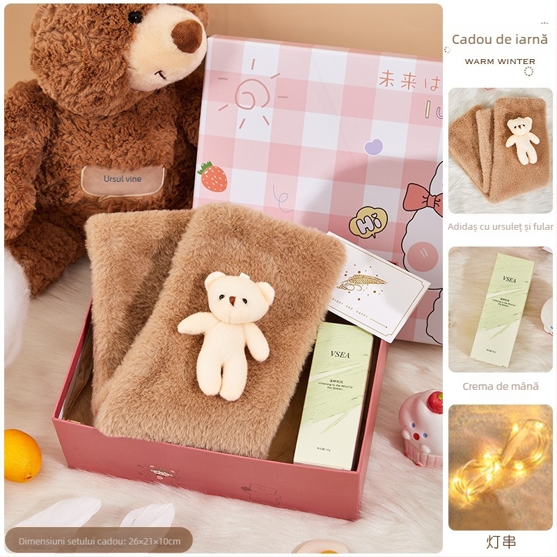 Set cadou cu șal în cutie cadou, toamnă/iarnă, stil desen animat, cadou de afaceri