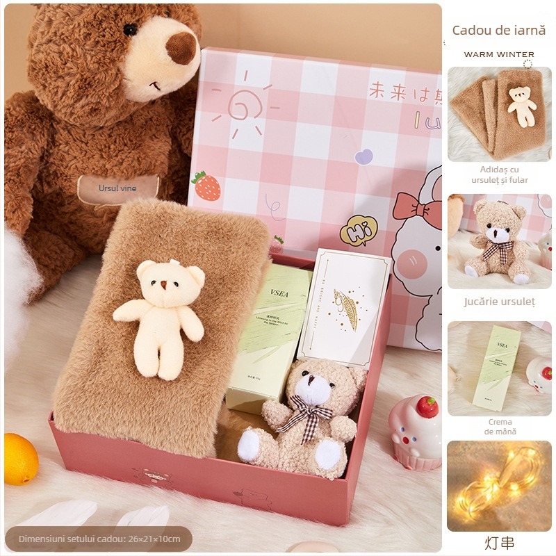 Set cadou cu șal în cutie cadou, toamnă/iarnă, stil desen animat, cadou de afaceri