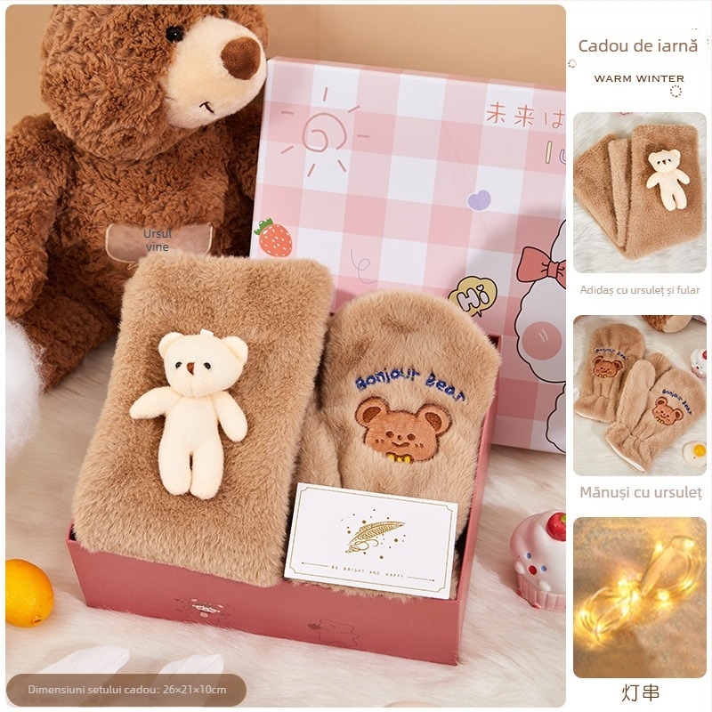 Set cadou cu șal în cutie cadou, toamnă/iarnă, stil desen animat, cadou de afaceri