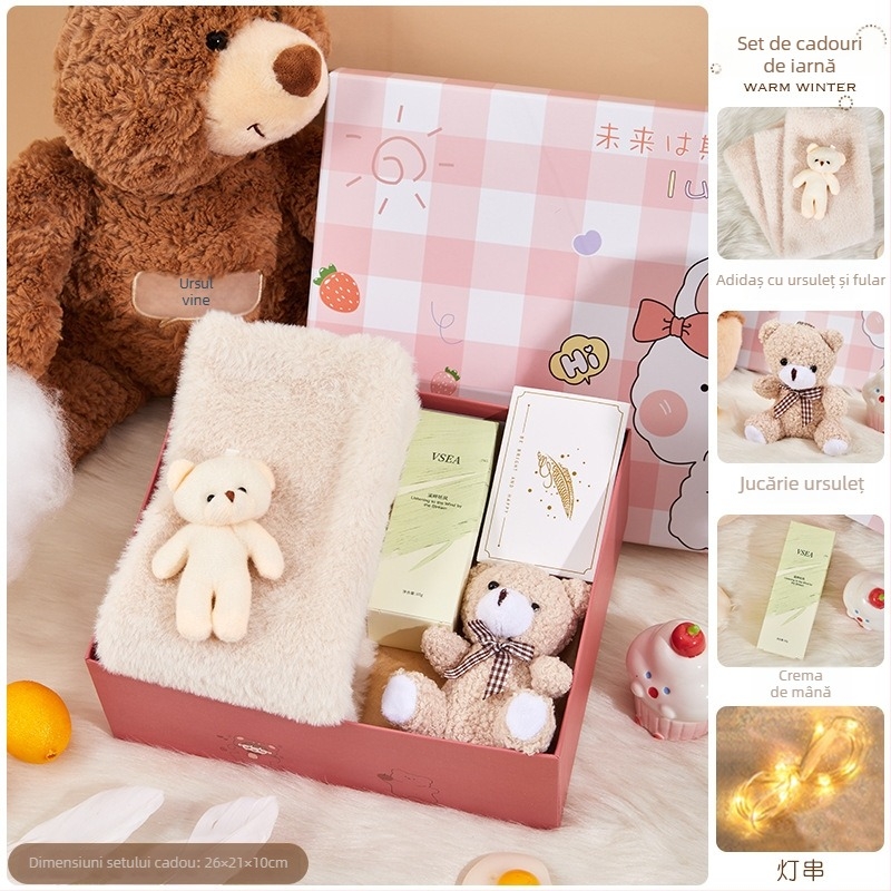 Set cadou cu șal în cutie cadou, toamnă/iarnă, stil desen animat, cadou de afaceri