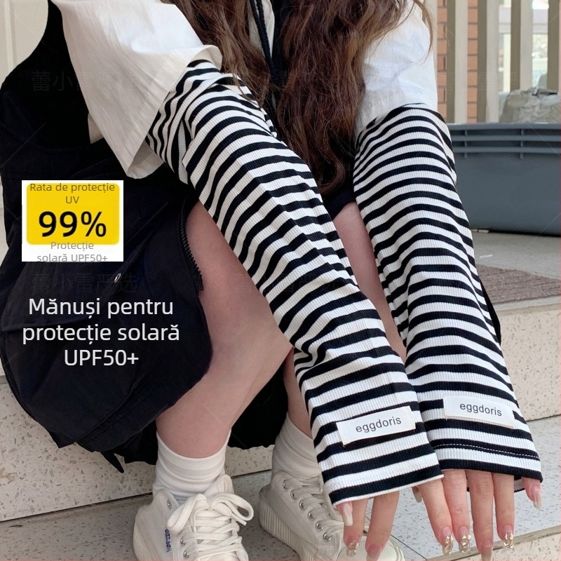 Manșete pentru protecție solară pentru femei, model în dungi în stil coreean, material acrilic, pentru condus și plimbări în aer liber