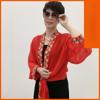 Șal brodat pentru protecție solară, pentru femei, cu mâneci late din chiffon