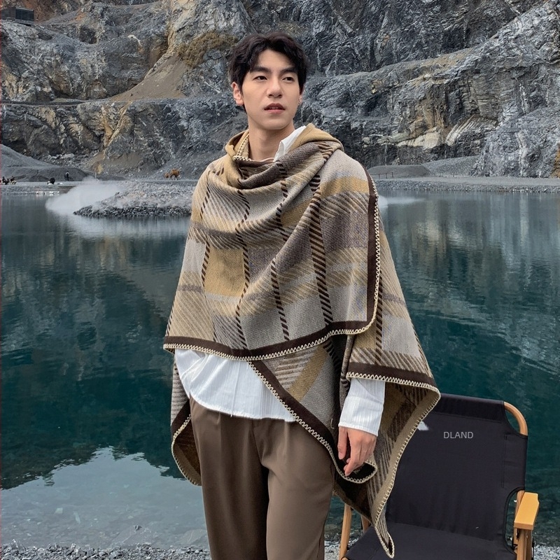 Palton cu glugă în carouri, cașmir artificial, tricot Jacquard, menține căldura