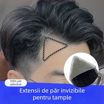 Perucă pentru bărbați cu linie de păr în formă de M, cu tâmple, păr uman țesut manual, poate fi vopsită