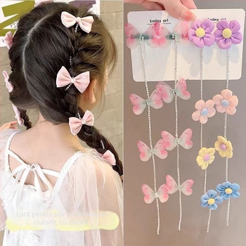 Accesoriu pentru păr pentru copii cu perle, lanț împletit, fundă și ciucuri (Material: materiale mixte; Stil: drăguț, pentru copii; Proces de realizare: lucrat manual)