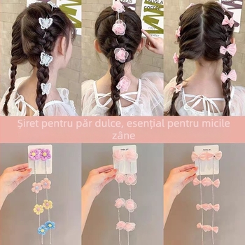 Accesoriu pentru păr pentru copii cu perle, lanț împletit, fundă și ciucuri (Material: materiale mixte; Stil: drăguț, pentru copii; Proces de realizare: lucrat manual)