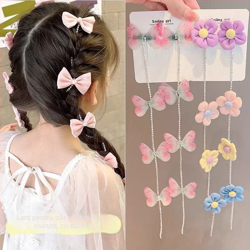 Accesoriu pentru păr pentru copii cu perle, lanț împletit, fundă și ciucuri (Material: materiale mixte; Stil: drăguț, pentru copii; Proces de realizare: lucrat manual)