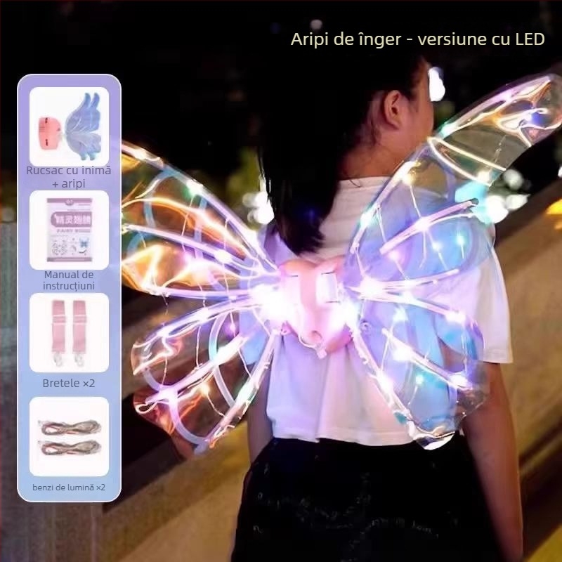 Aripi de fluture luminoase electrice pentru copii — aripi mobile cu lumină și muzică, decor pe spate din plastic, pentru vârsta 4–6 ani, certificat 3C (Cod 2023182202042649)