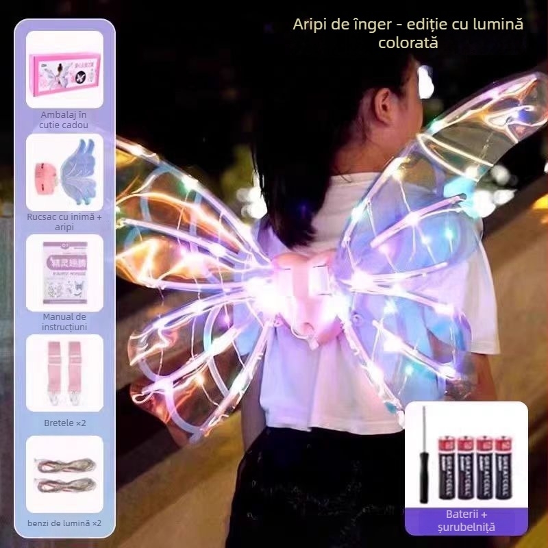 Aripi de fluture luminoase electrice pentru copii — aripi mobile cu lumină și muzică, decor pe spate din plastic, pentru vârsta 4–6 ani, certificat 3C (Cod 2023182202042649)