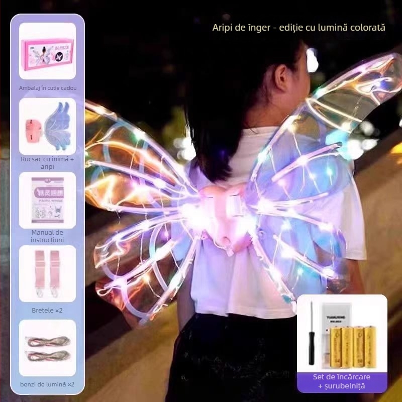 Aripi de fluture luminoase electrice pentru copii — aripi mobile cu lumină și muzică, decor pe spate din plastic, pentru vârsta 4–6 ani, certificat 3C (Cod 2023182202042649)