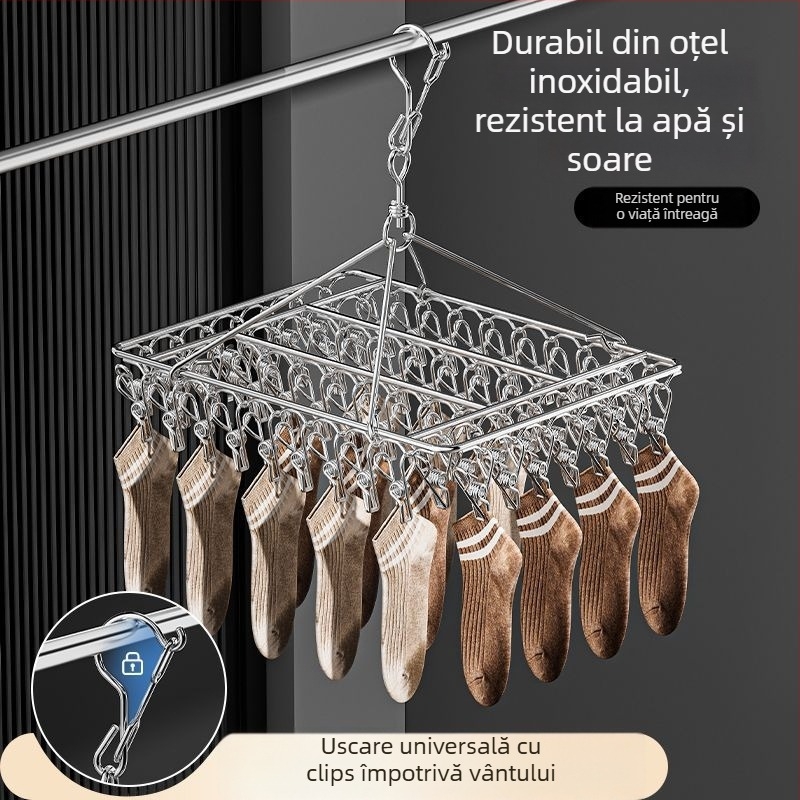 Umeraș din oțel inoxidabil cu 48 cleme, pliabil, pentru haine, șosete și lenjerie
