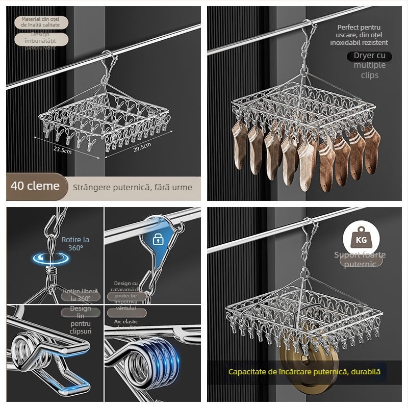 Umeraș din oțel inoxidabil cu 48 cleme, pliabil, pentru haine, șosete și lenjerie