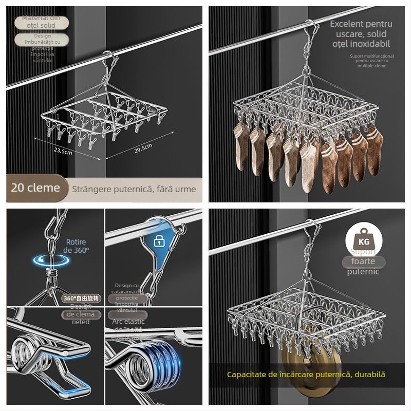 Umeraș din oțel inoxidabil cu 48 cleme, pliabil, pentru haine, șosete și lenjerie