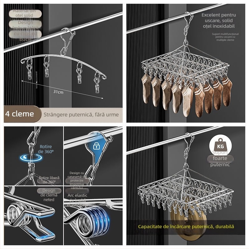 Umeraș din oțel inoxidabil cu 48 cleme, pliabil, pentru haine, șosete și lenjerie